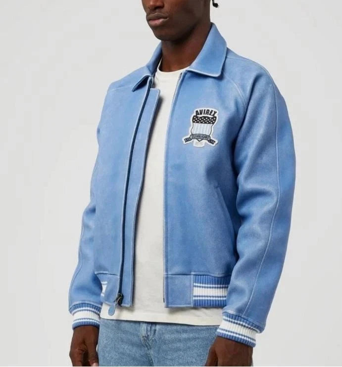 Men Sky Blue Real Bomber American Flight Jacket Faux Leather Jacket GIft