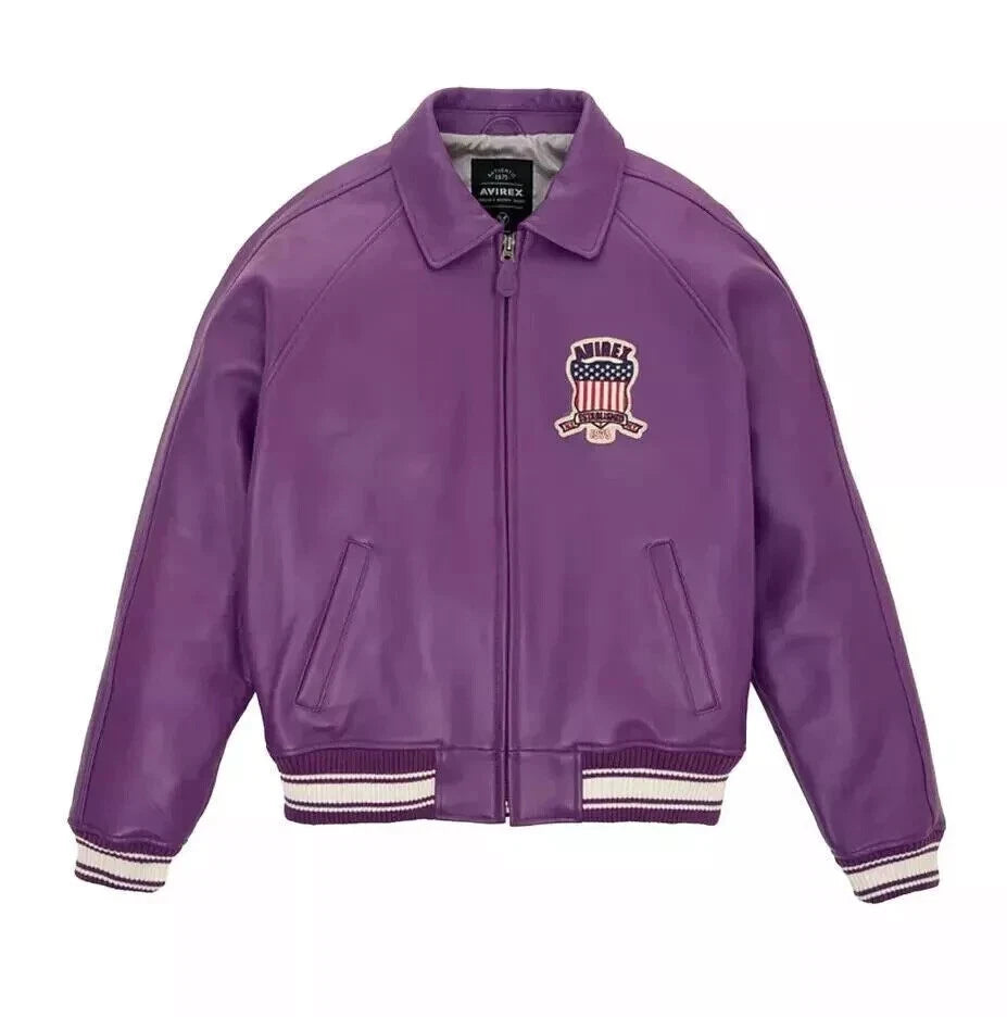 Men's  Purple Leather Bomber Jacket USA Patch Varsity Flight Biker Jacket