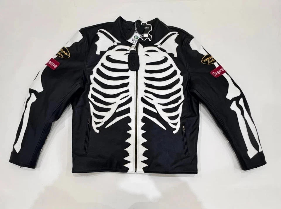 Skeleton Leather Jacket Black Genuine Cowhide Leather Motorcycle jacket