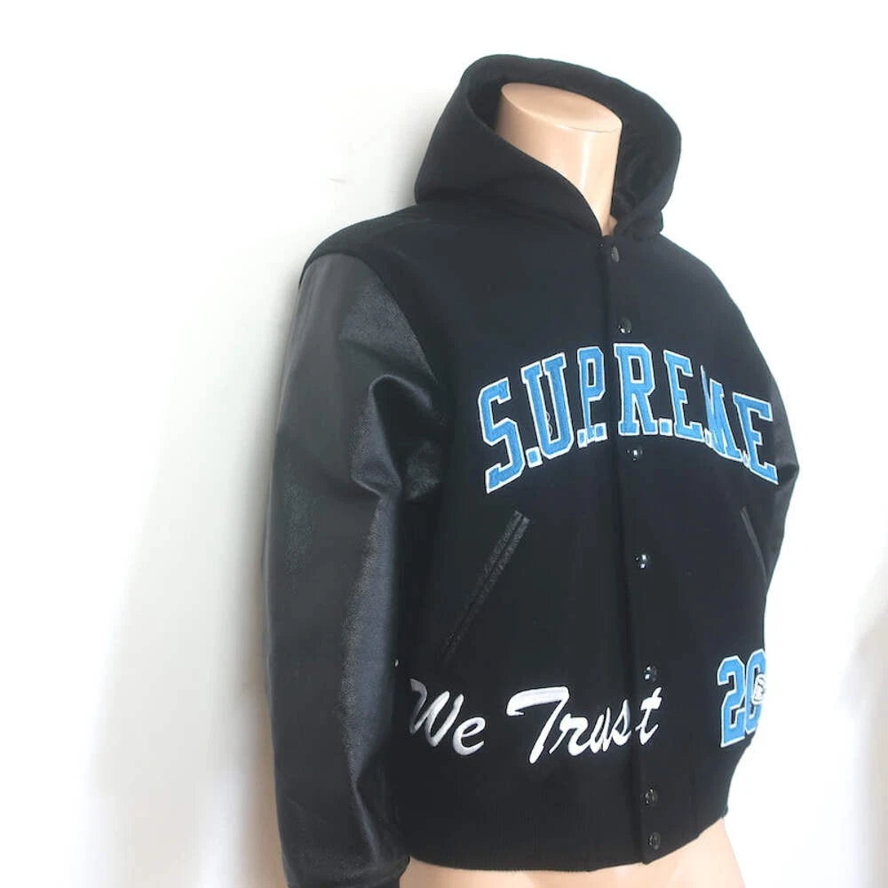 Supreme King Leather-Sleeve Hooded Varsity Jacket Black