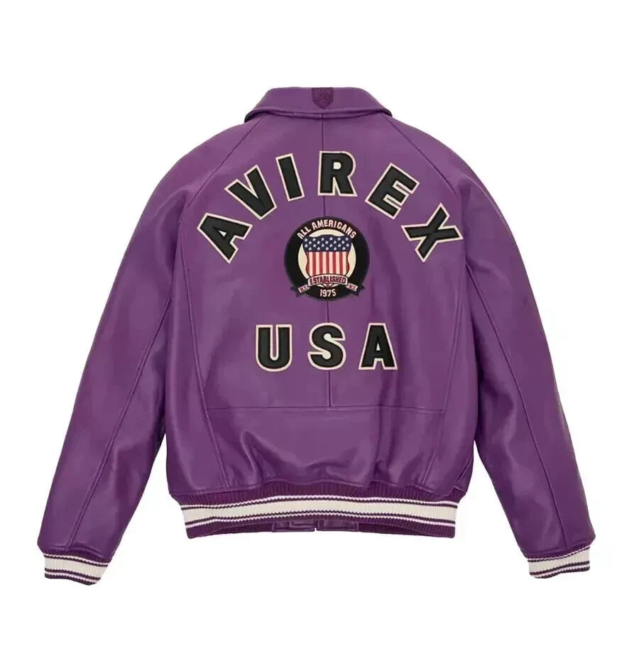 Men's  Purple Leather Bomber Jacket USA Patch Varsity Flight Biker Jacket