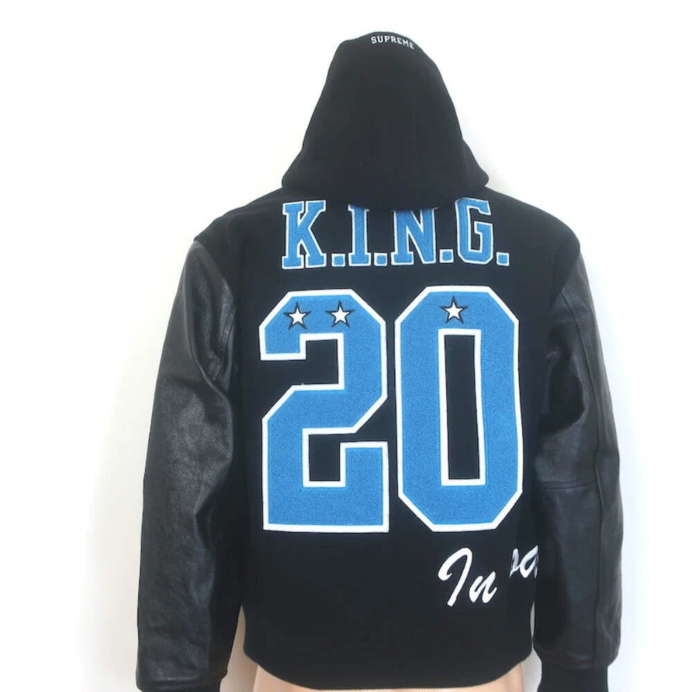 Supreme King Leather-Sleeve Hooded Varsity Jacket Black