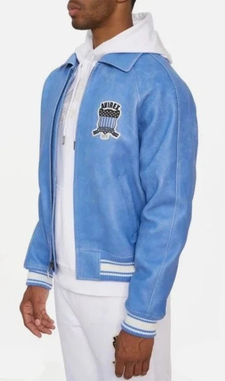 Men Sky Blue Real Bomber American Flight Jacket Faux Leather Jacket GIft