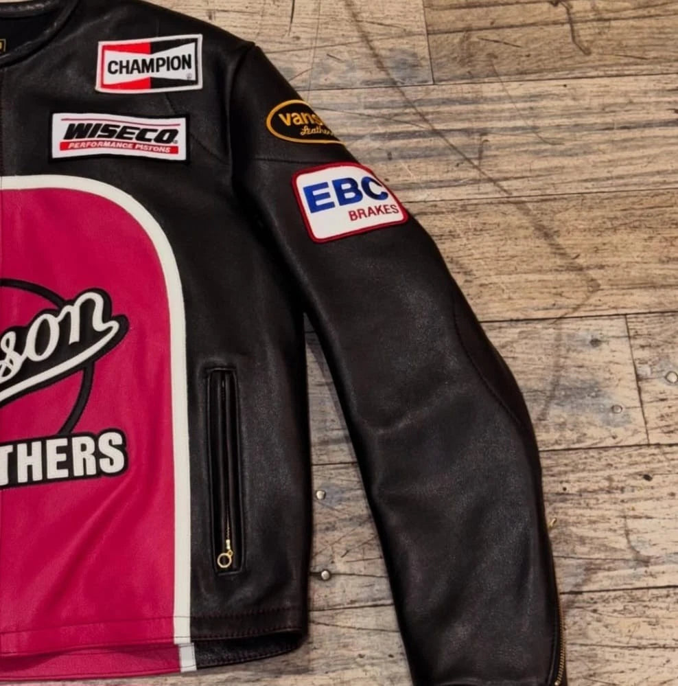 Genesis NYC Motorbike Fashion Leather Jacket Cafe Racer Black&Pink USA