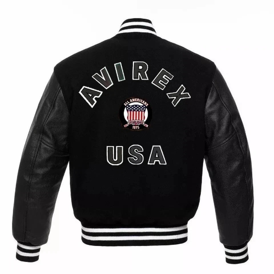 Men's Varsity Jacket Style  Black Bomber Wool Body Faux Leather Sleeves