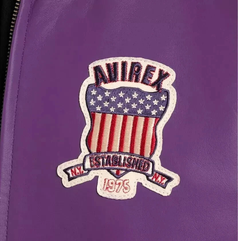 Men's  Purple Leather Bomber Jacket USA Patch Varsity Flight Biker Jacket