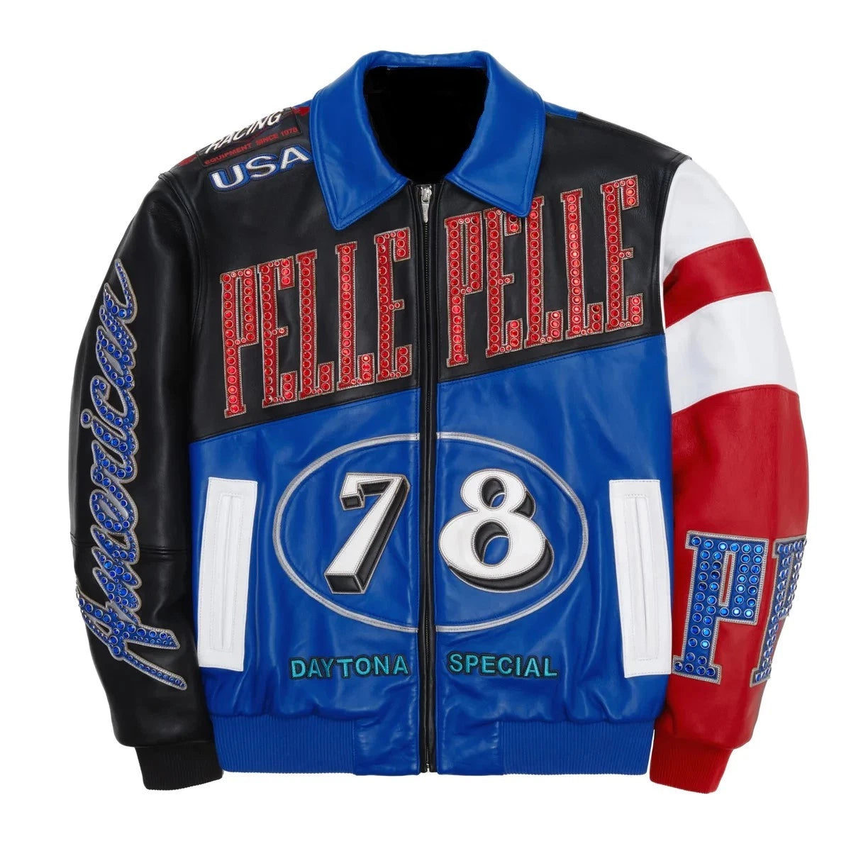 Pelle Pelle Men’s Black & Blue Leather Jacket-USA Edition | Premium Biker Style