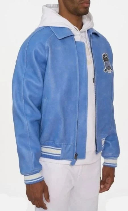 Men Sky Blue Real Bomber American Flight Jacket Faux Leather Jacket GIft