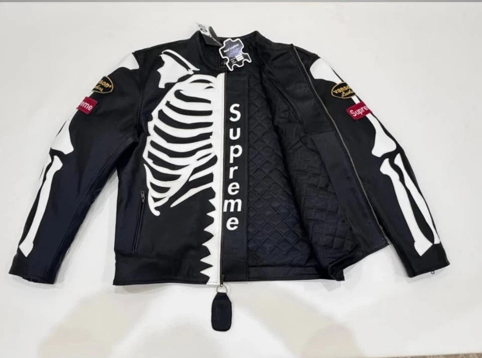 Skeleton Leather Jacket Black Genuine Cowhide Leather Motorcycle jacket