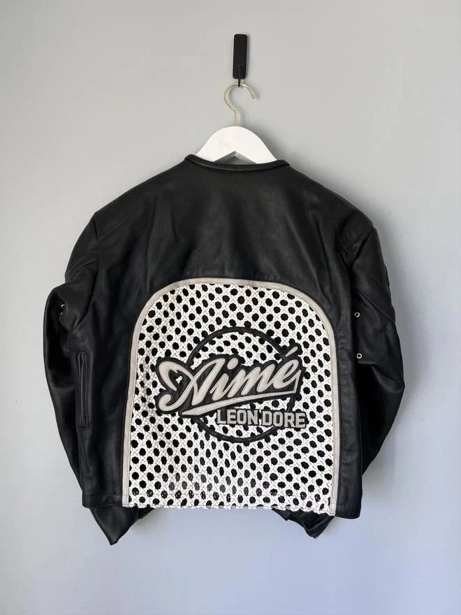 Men Aime Leon Dore Style Leather Jacket Black Racing Biker Coat