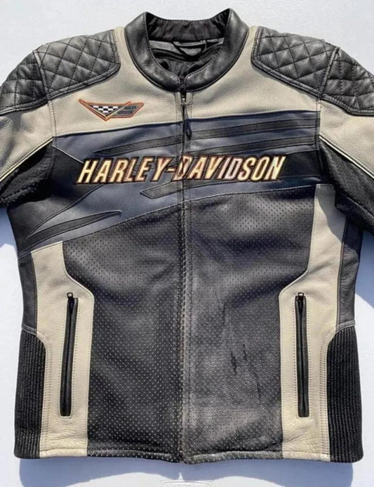 Men Black Quilted Cowhide Leather Davidson Motorcycle Jacket Slim Fit