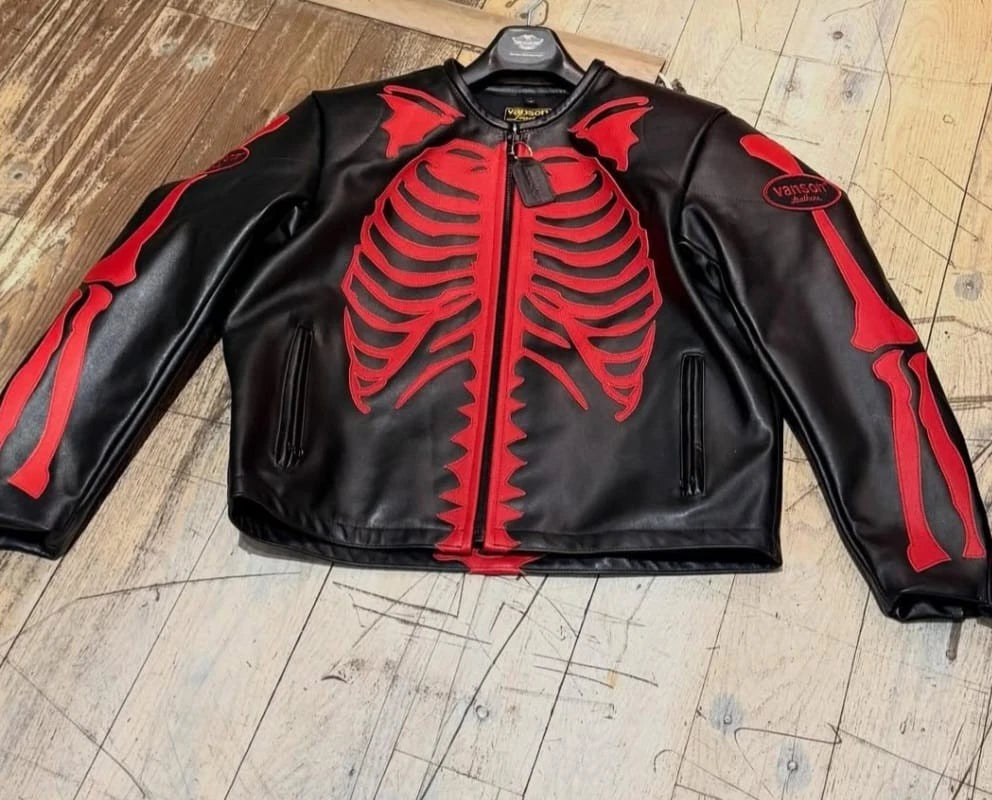 Genesis NYC Motorbike Fashion Leather Jacket Cafe Racer Black&Red USA