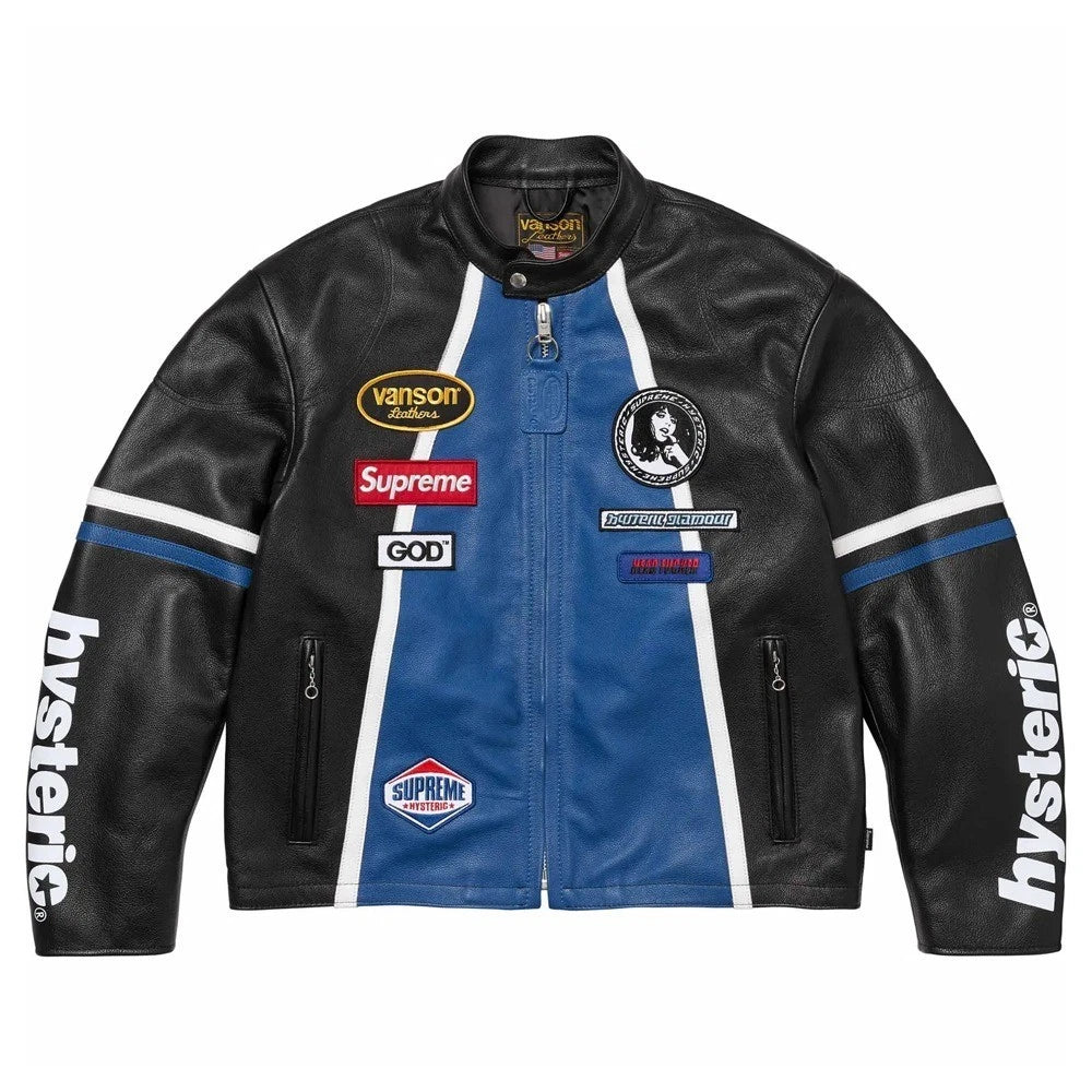 Men's Black & Blue Vanson Superme Leather Jacket Motobike Fashion Hysteric Glamour