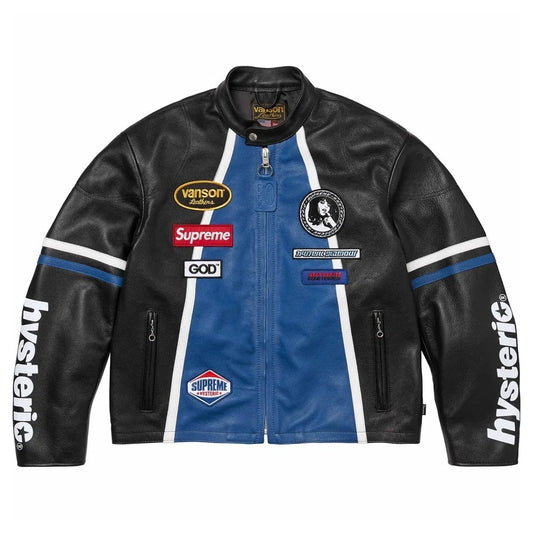 Men's Black & Blue Vanson Superme Leather Jacket Motobike Fashion Hysteric Glamour