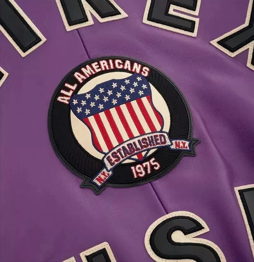 Men's  Purple Leather Bomber Jacket USA Patch Varsity Flight Biker Jacket