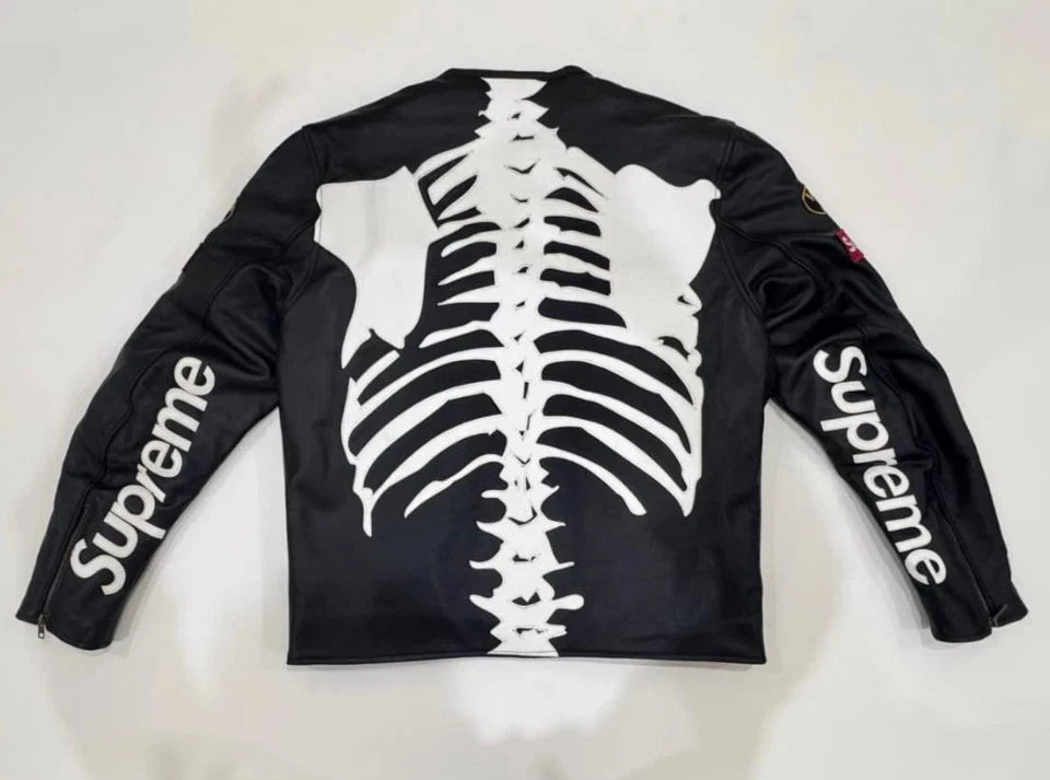 Skeleton Leather Jacket Black Genuine Cowhide Leather Motorcycle jacket