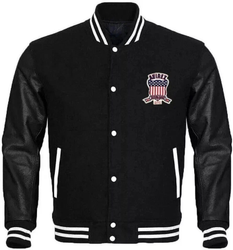 Men's Varsity Jacket Style  Black Bomber Wool Body Faux Leather Sleeves