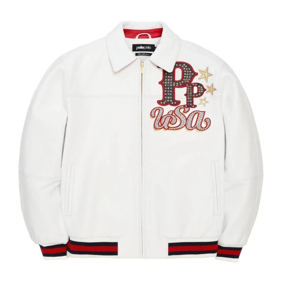 Pelle Pelle Men’s White Leather Jacket - "USA Edition" | Premium Biker Style