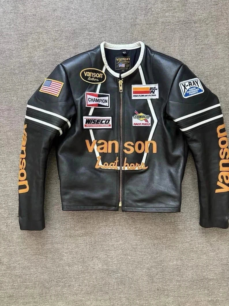 Men Style Leather Racing Jacket Black Motorcycle Biker Cafe Racer