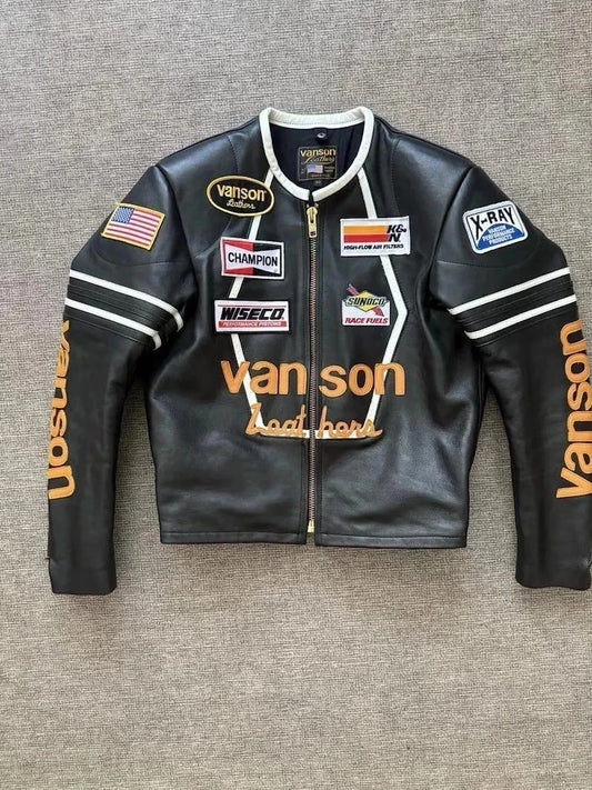 Men Style Leather Racing Jacket Black Motorcycle Biker Cafe Racer