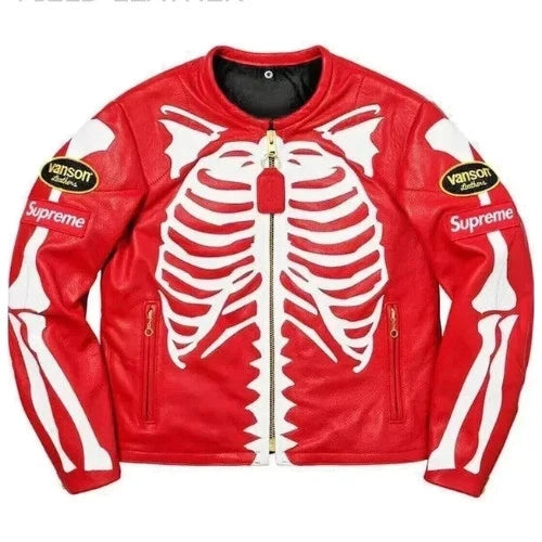 Skeleton Leather Jacket Red Genuine Cowhide Leather Motorcycle jacket