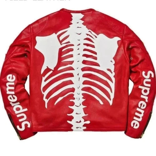 Skeleton Leather Jacket Red Genuine Cowhide Leather Motorcycle jacket