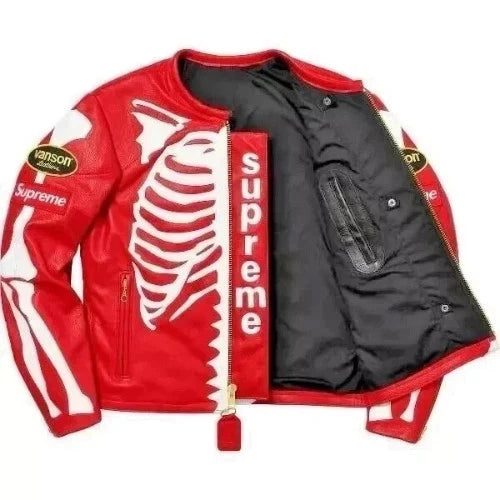 Skeleton Leather Jacket Red Genuine Cowhide Leather Motorcycle jacket