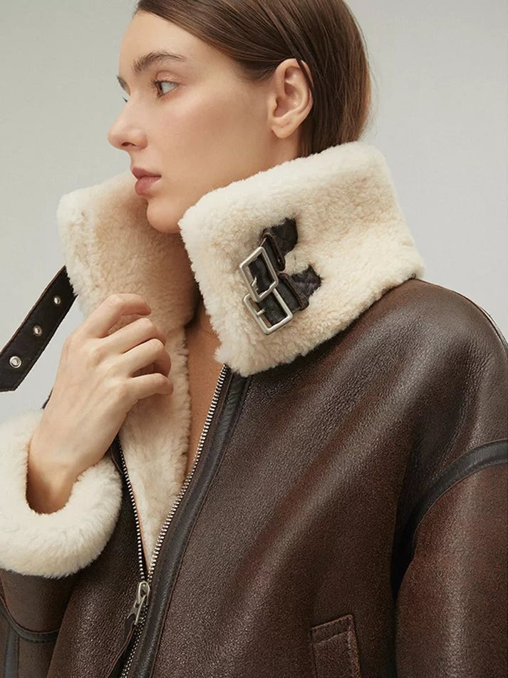 Brown Shearling Hooded Leather Jacket with Fur | Warm Winter Coat | Cozy Shearling Lining | Luxury Outerwear