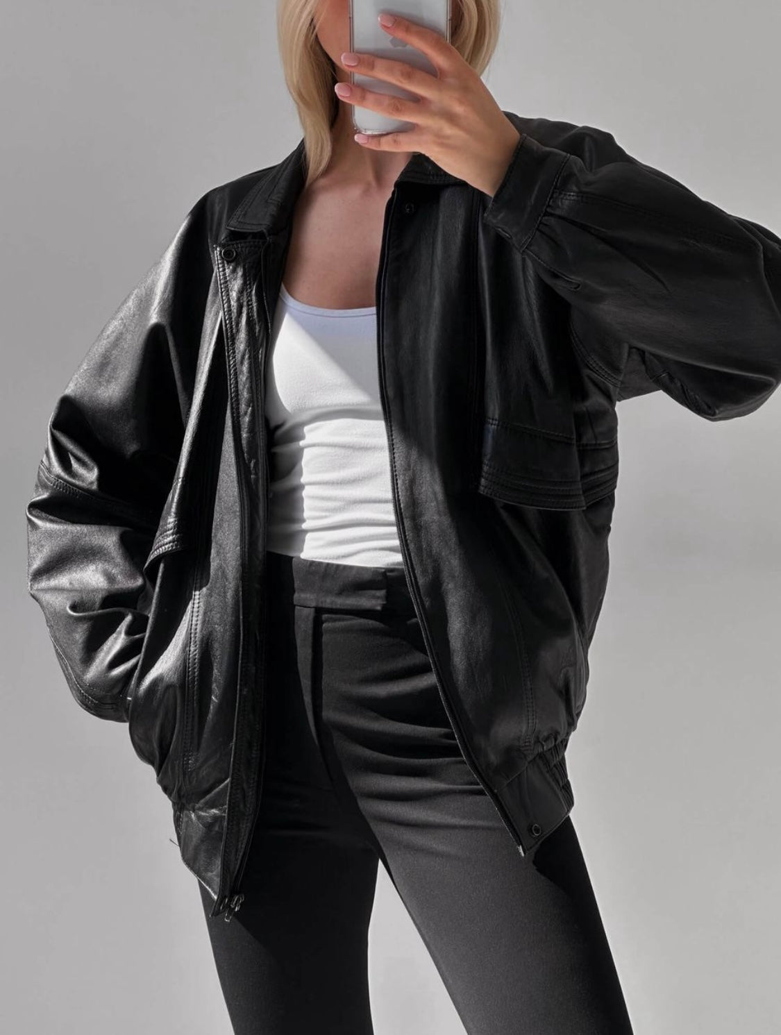 Women Black Oversize Genuine Leather Bomber jacket