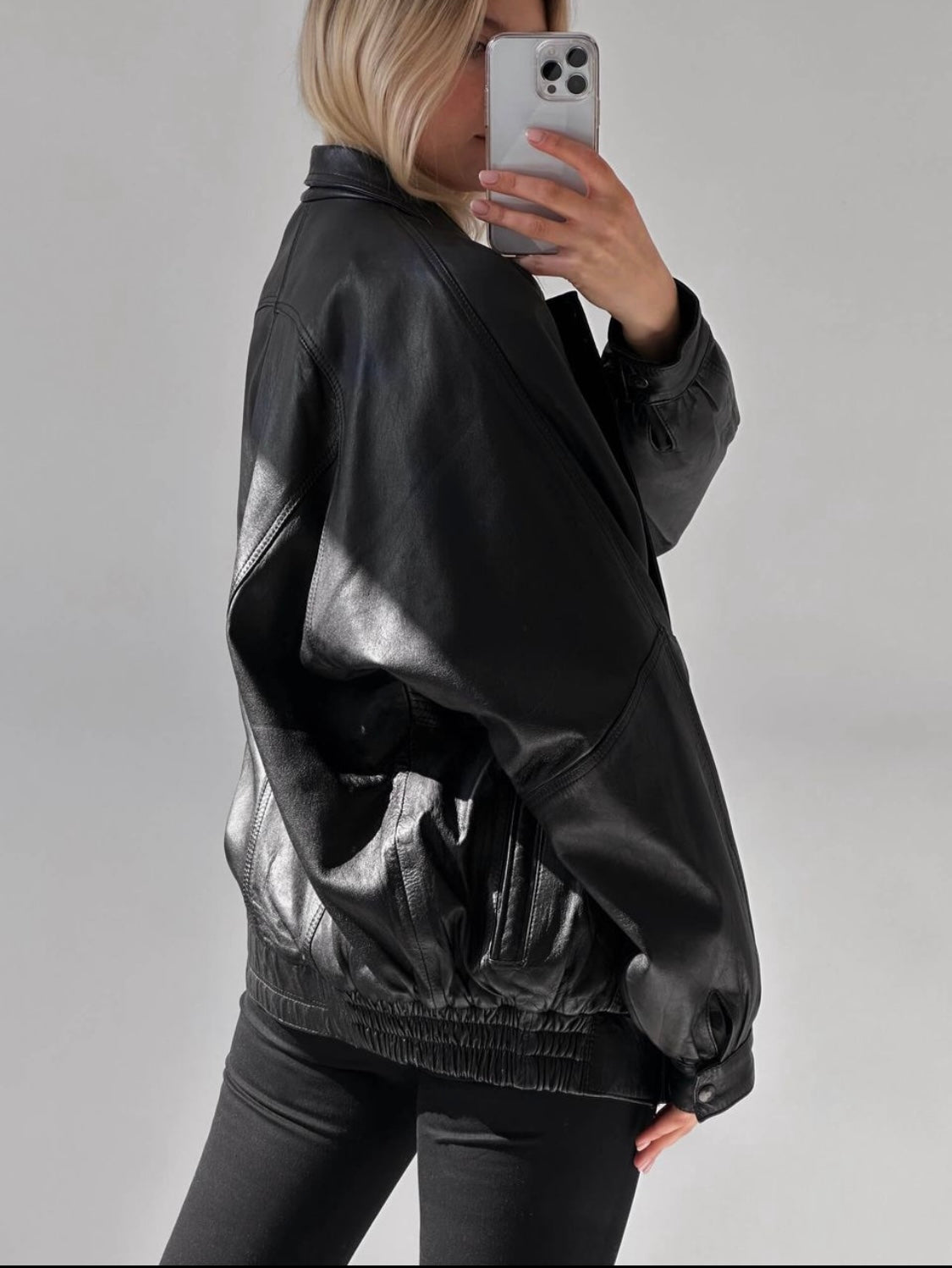 Women Black Oversize Genuine Leather Bomber jacket