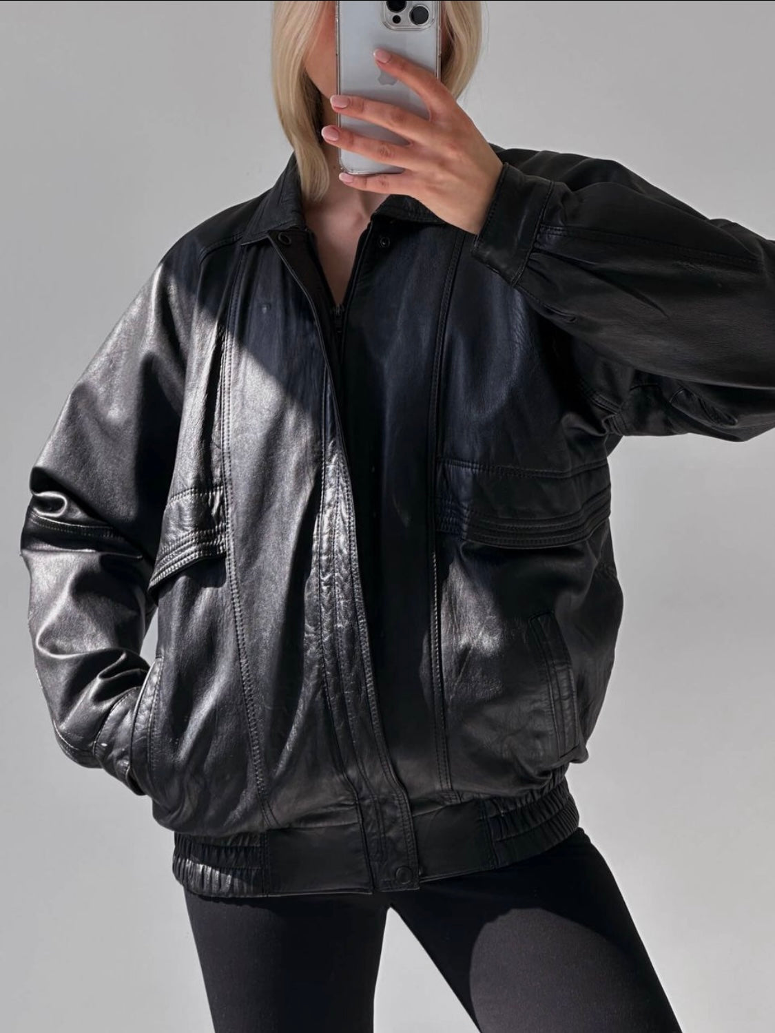 Women Black Oversize Genuine Leather Bomber jacket