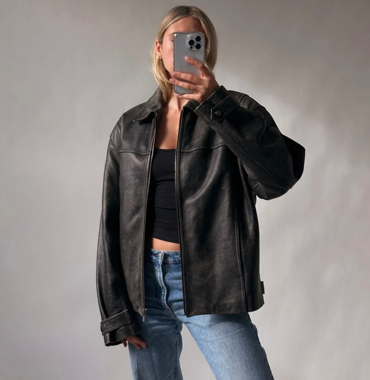 Ladies Classic black Leather Bomber jacket