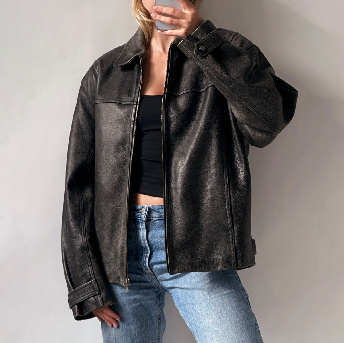 Ladies Classic black Leather Bomber jacket