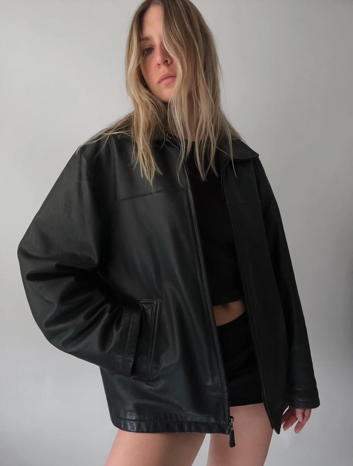 Women Black Oversize Leather Bomber jacket, Straight Fit Pattern,