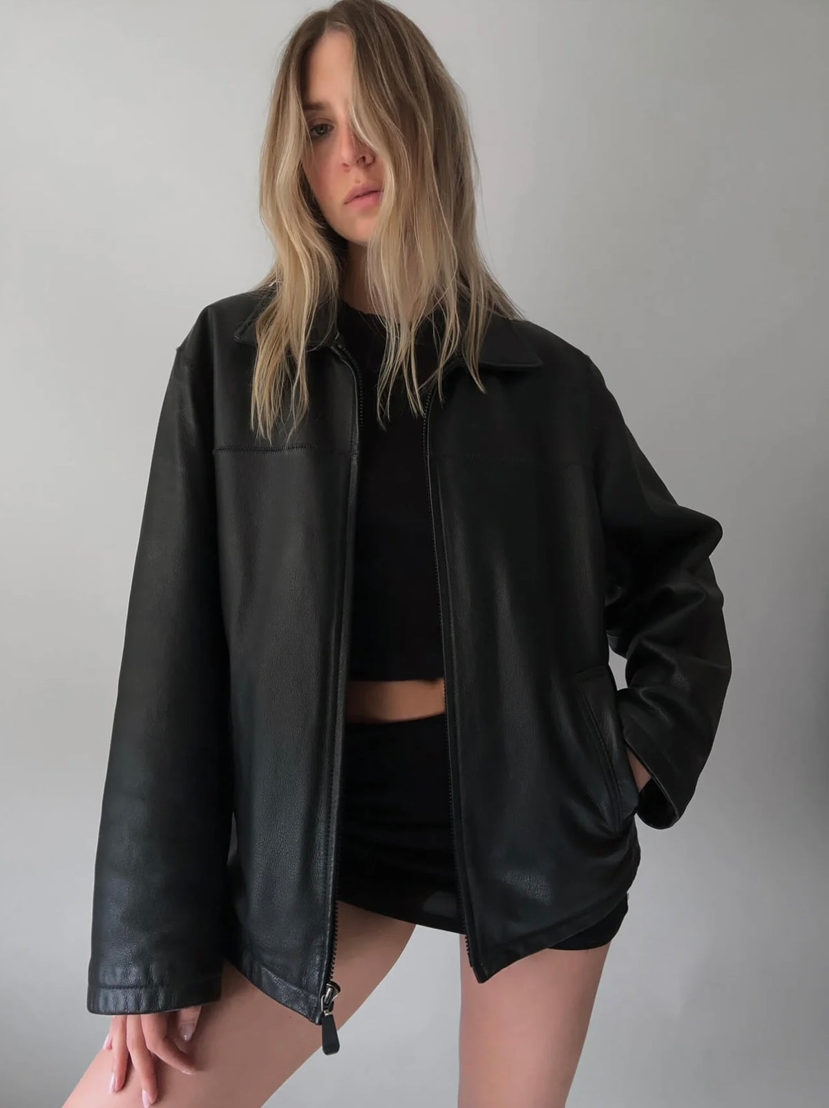 Women Black Oversize Leather Bomber jacket, Straight Fit Pattern,