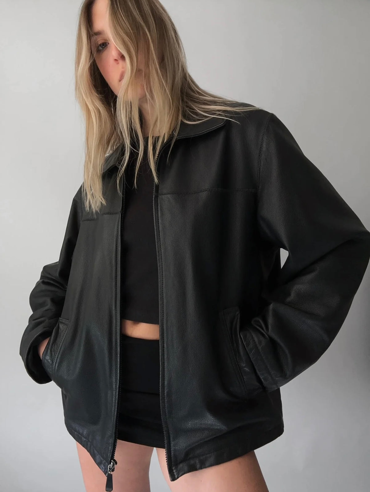 Women Black Oversize Leather Bomber jacket, Straight Fit Pattern,