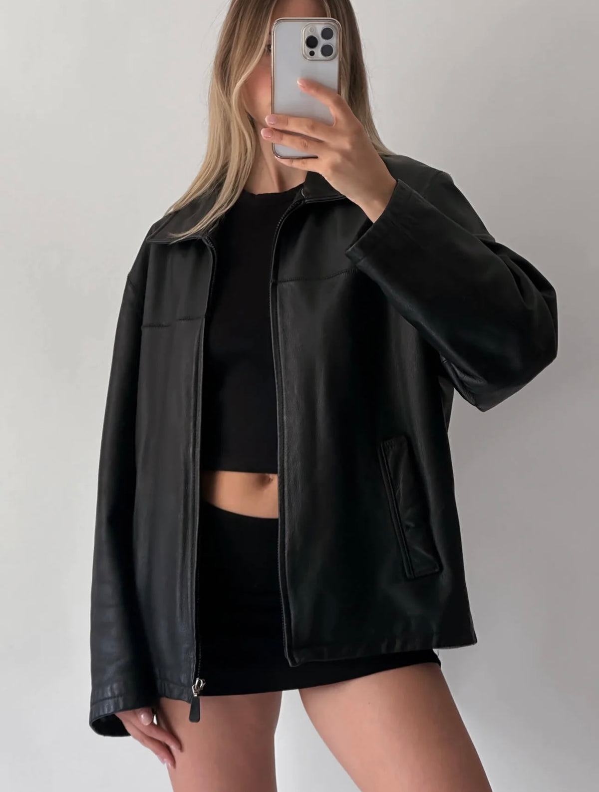 Women Black Oversize Leather Bomber jacket, Straight Fit Pattern,