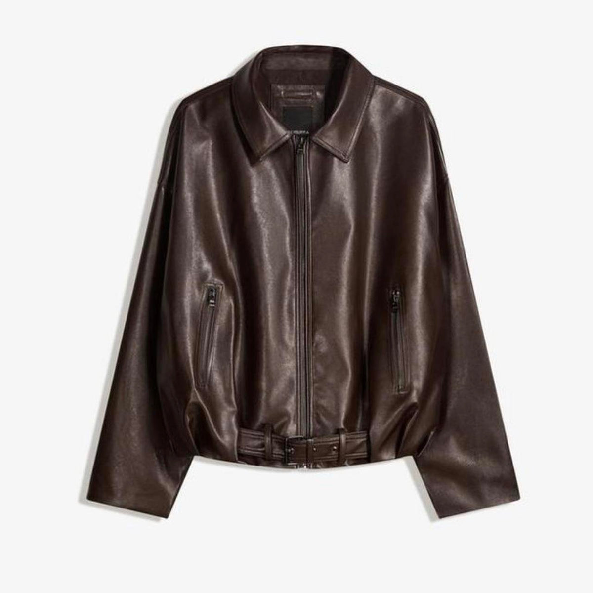 Oversized Brown Leather Bomber Jacket with Belt | Premium Baggy Fit