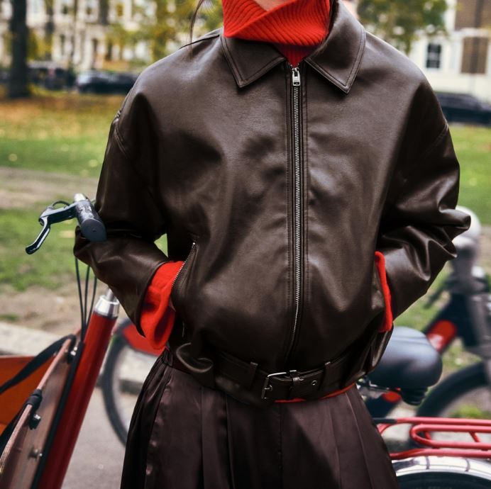 Oversized Brown Leather Bomber Jacket with Belt | Premium Baggy Fit