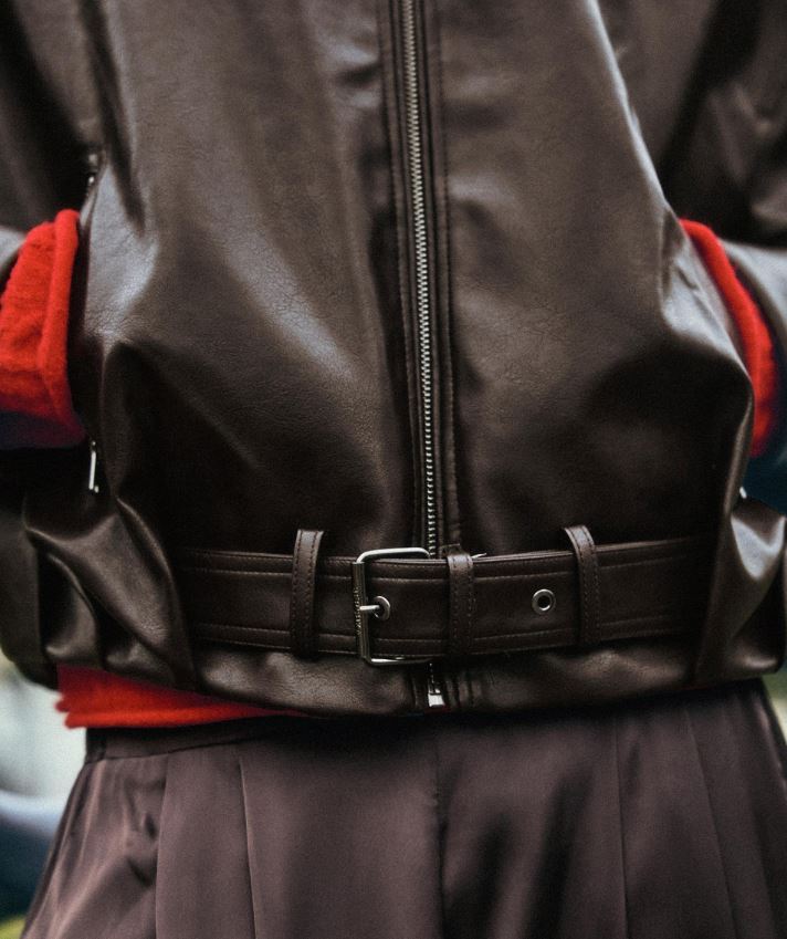 Oversized Brown Leather Bomber Jacket with Belt | Premium Baggy Fit