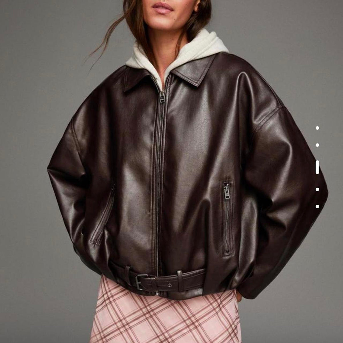 Oversized Brown Leather Bomber Jacket with Belt | Premium Baggy Fit