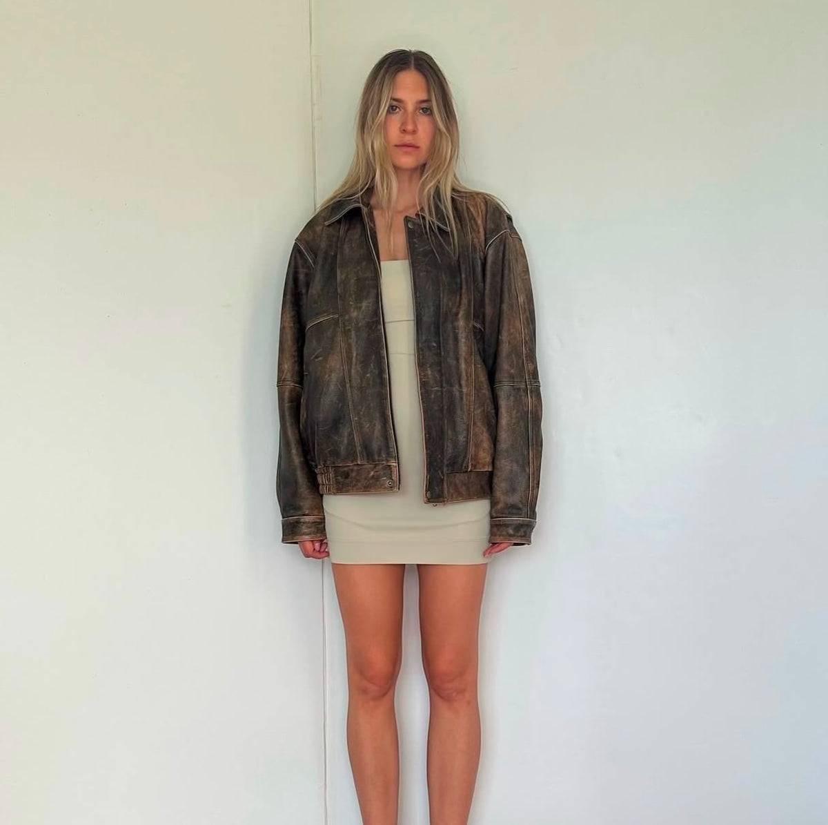 Women’s Classic Vintage Style Brown Leather Bomber Jacket