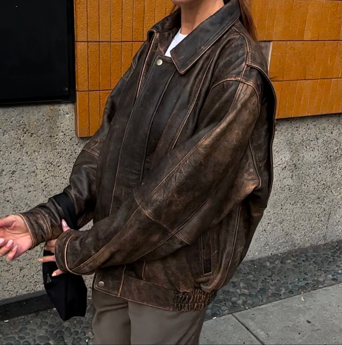 Women’s Classic Vintage Style Brown Leather Bomber Jacket