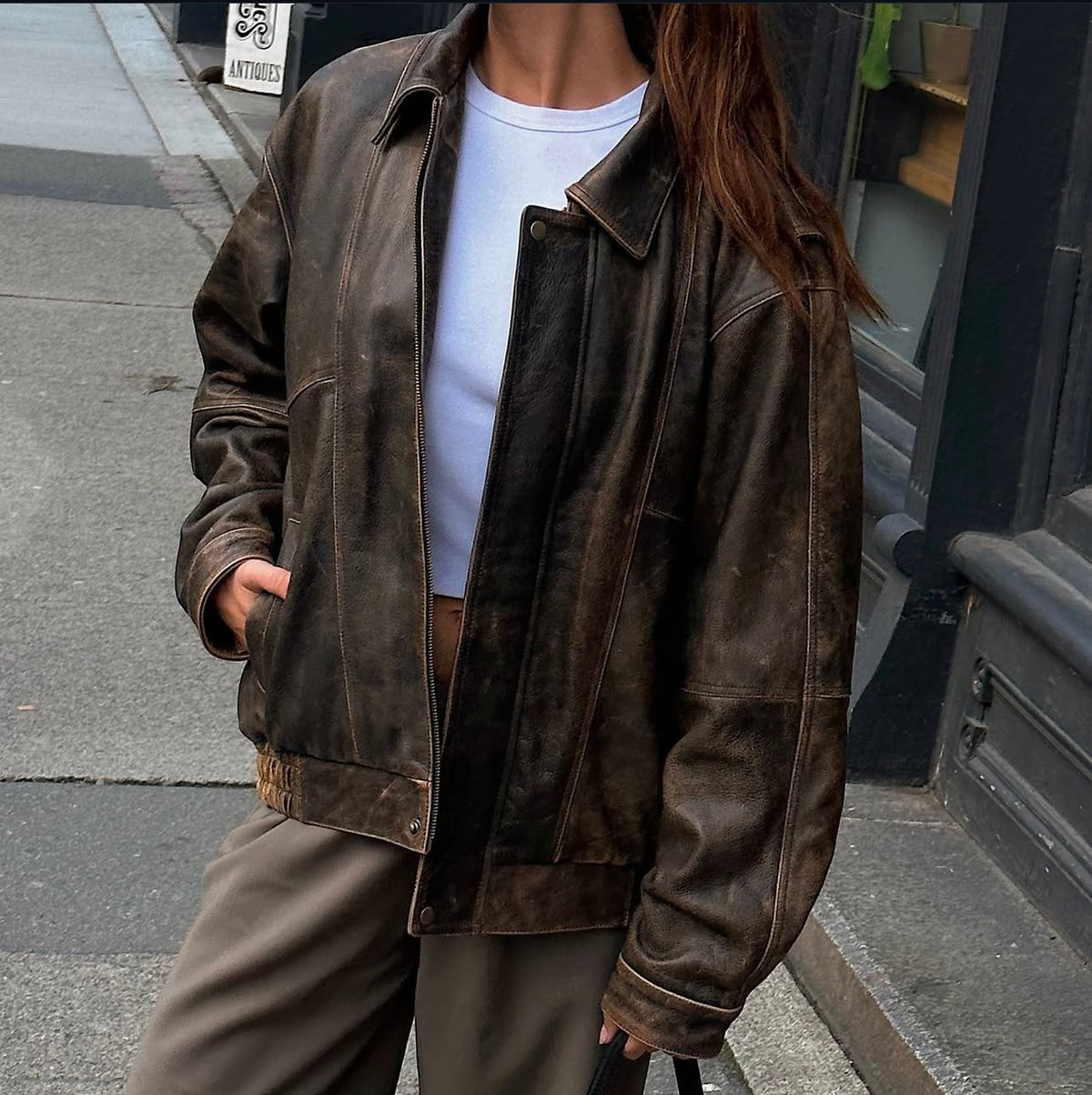Women’s Classic Vintage Style Brown Leather Bomber Jacket