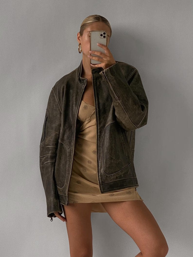 Women Olive green Distressed leather biker jacket, Sheepskin leather jacket