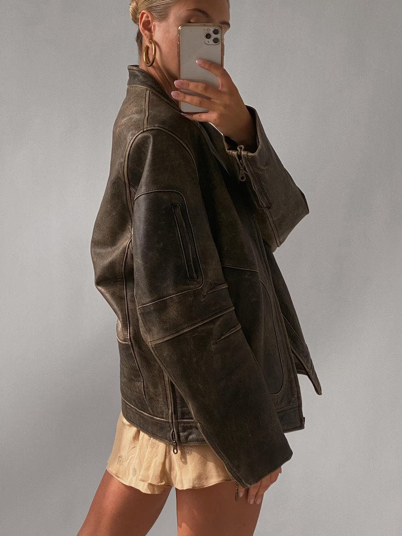 Women Olive green Distressed leather biker jacket, Sheepskin leather jacket