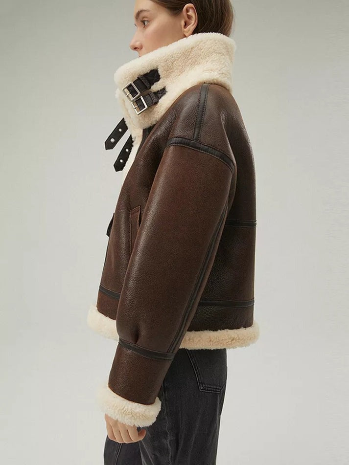 Brown Shearling Hooded Leather Jacket with Fur | Warm Winter Coat | Cozy Shearling Lining | Luxury Outerwear