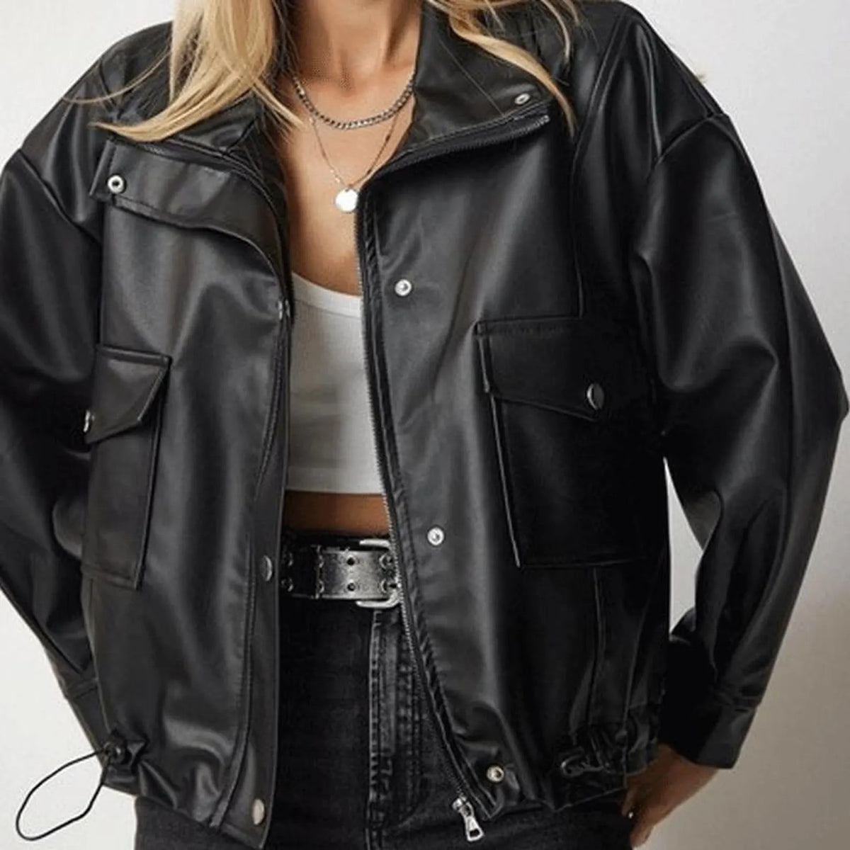 Women Black Oversize Leather Bomber jacket
