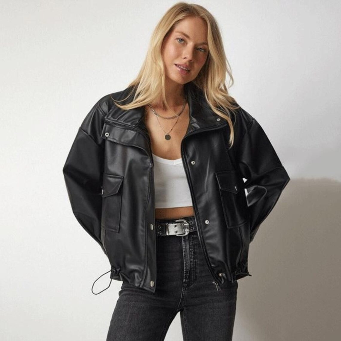 Women Black Oversize Leather Bomber jacket